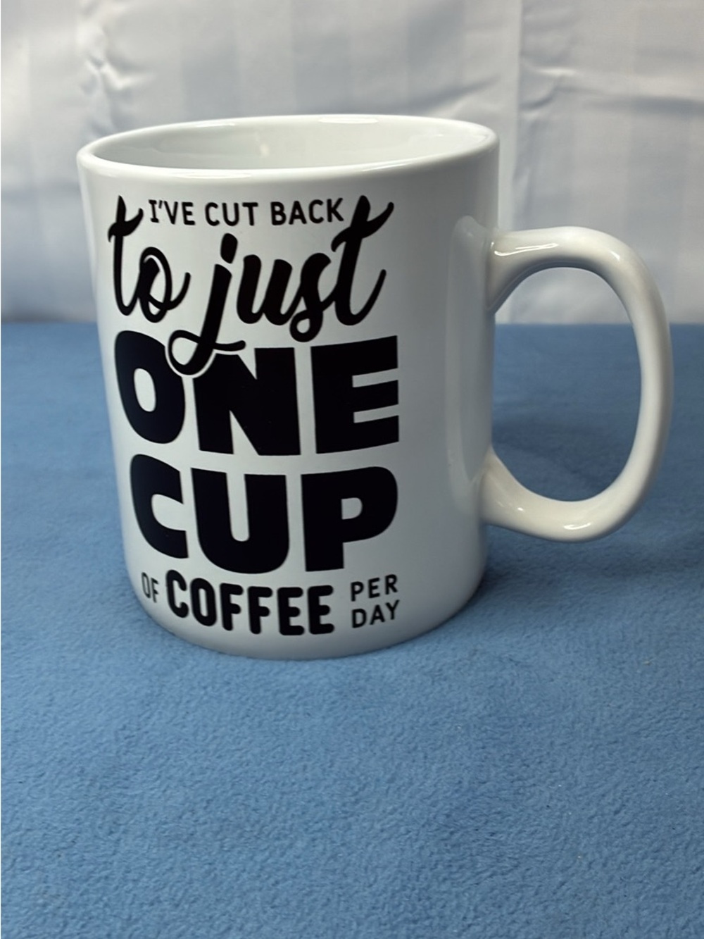 White Ceramic Coffee Mug with Black Text - 'I’ve Cut Back To Just One Cup'